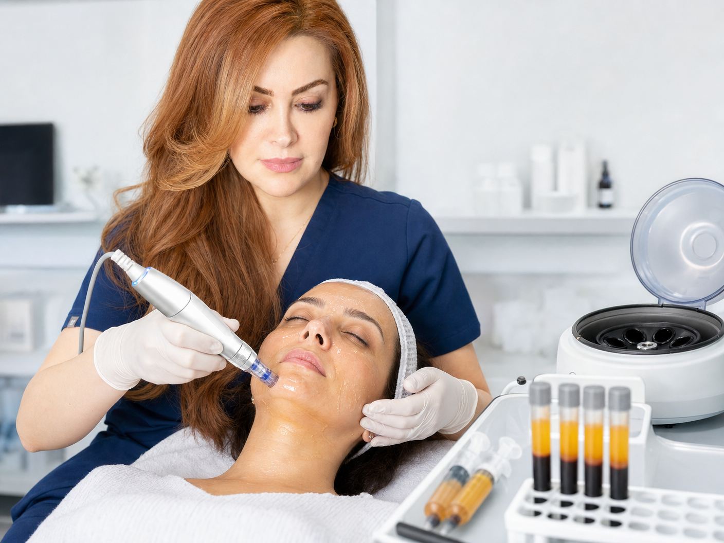 Physician performing microneedling with PRP preparation alongside the patient at Trita Medical Clinic.